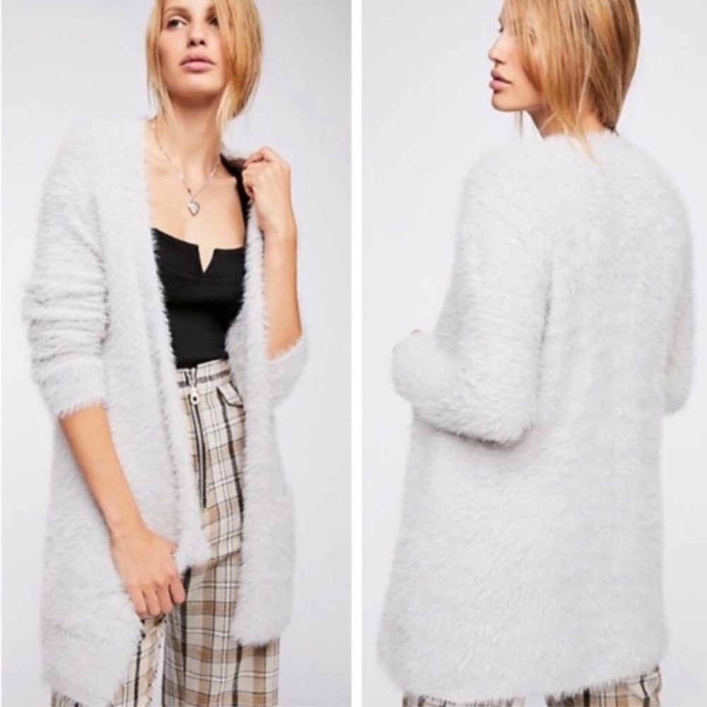 Free People Fuzzy Cardigan in Silver Cloud